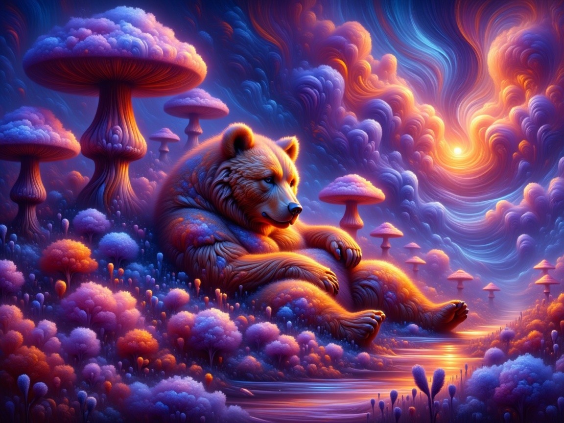 Surreal Landscape with Bear and Colorful Mushrooms