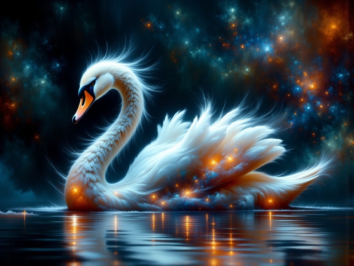 Majestic Swan on Serene Cosmic Water Surface