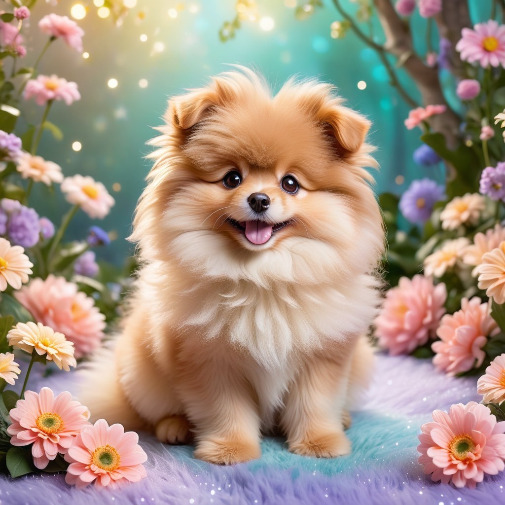 Fluffy Pomeranian in a Colorful Flower Garden