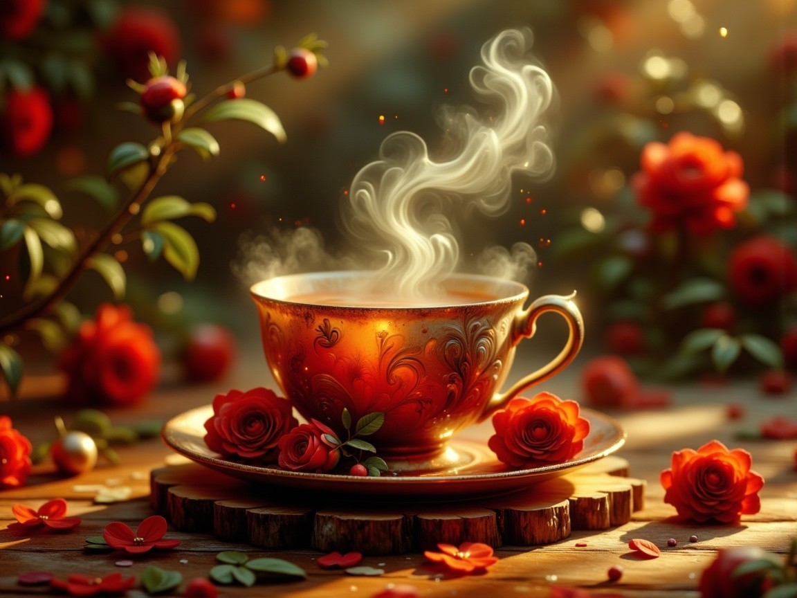 Ornate teacup with roses in a tranquil setting