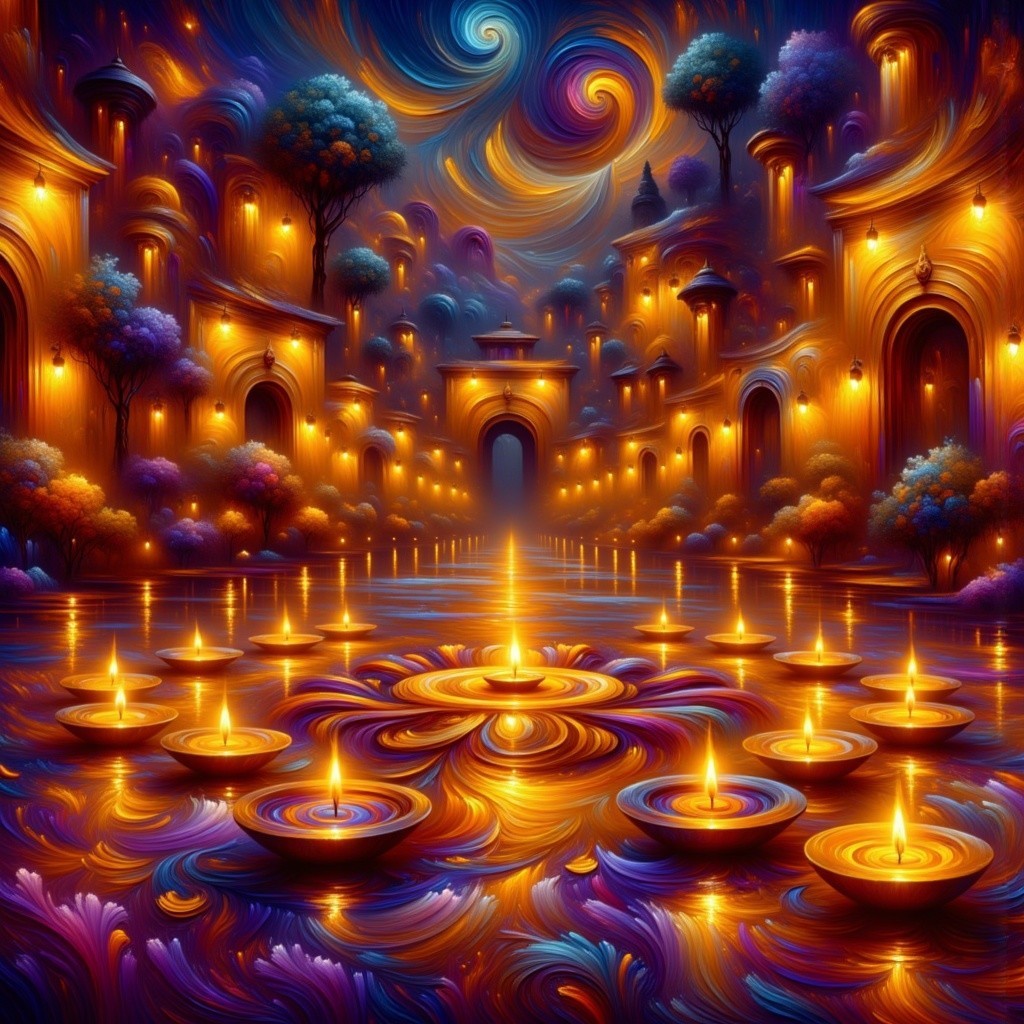Mystical Cityscape with Floating Candles and Lush Foliage