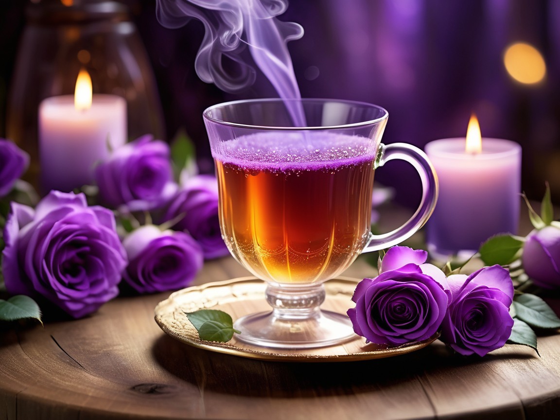 Glass Cup of Herbal Tea Surrounded by Roses and Candles