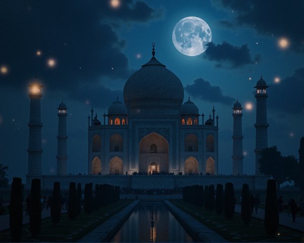 Taj Mahal at Night with Moon and Starry Sky