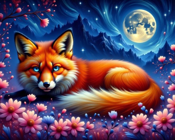 Fox Among Pink Flowers Under Starry Night Sky