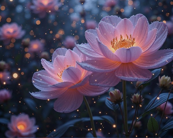 Serene garden scene with pink lotus flowers and droplets