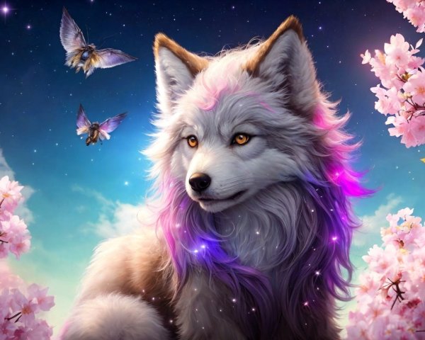 Regal fox with lavender mane among cherry blossoms