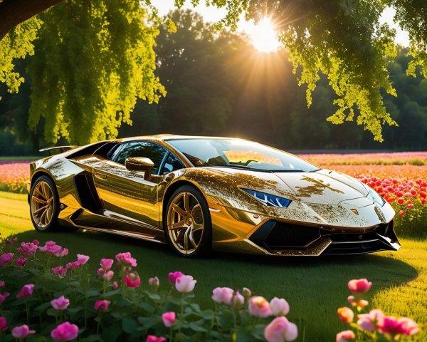 Gold Lamborghini in a Blooming Flower Field