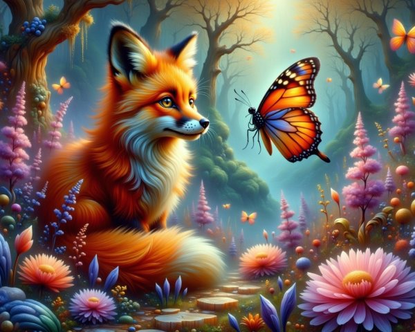 Curious orange fox in an enchanted forest setting