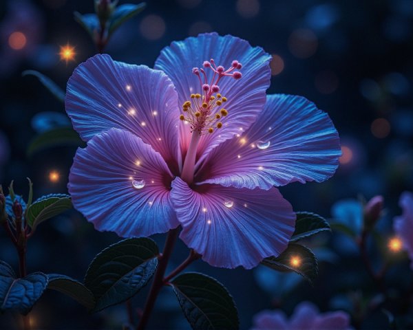 Twilight Hibiscus Flower with Dew Drops and Green Leaves