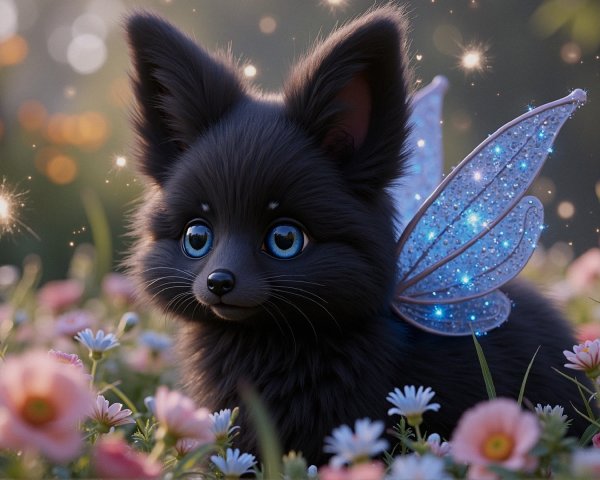 Fluffy Black Puppy with Fairy Wings in Flower Field