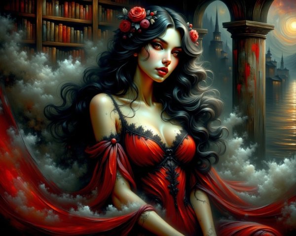Woman in Red Gown Amidst Clouds and Library Setting