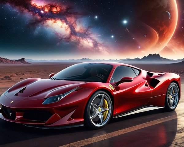Red Ferrari Sports Car Against Cosmic Backdrop