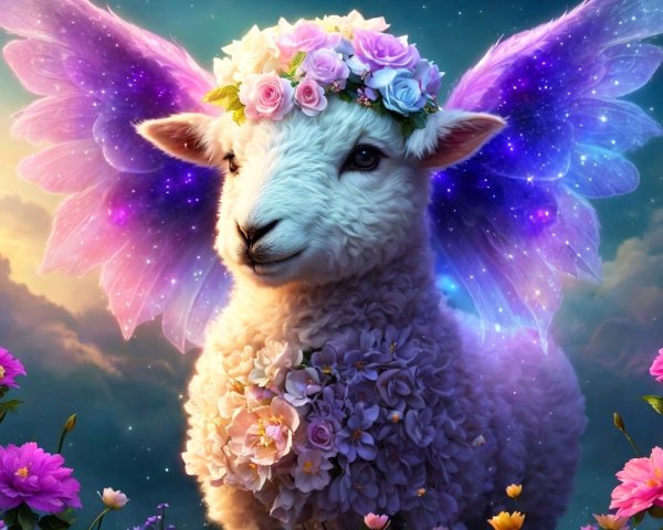 Whimsical Illustration of a Flower-Crowned Sheep