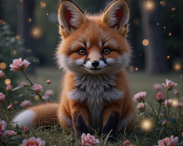 Fox Among Pink Roses in a Magical Setting