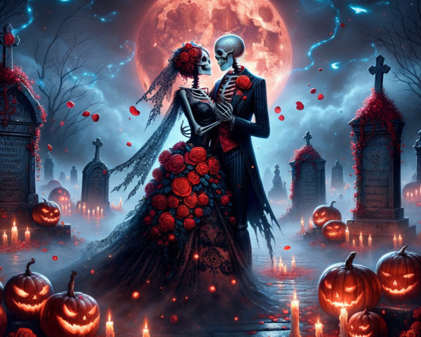 Graveyard Scene with Skeletal Couple and Moonlight