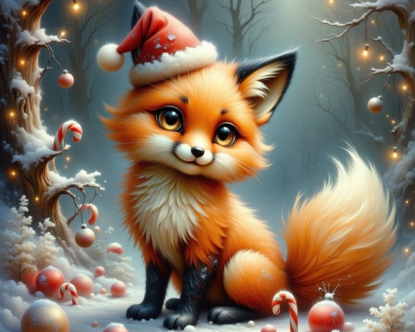 Baby fox in Santa hat on snowy ground with decorations