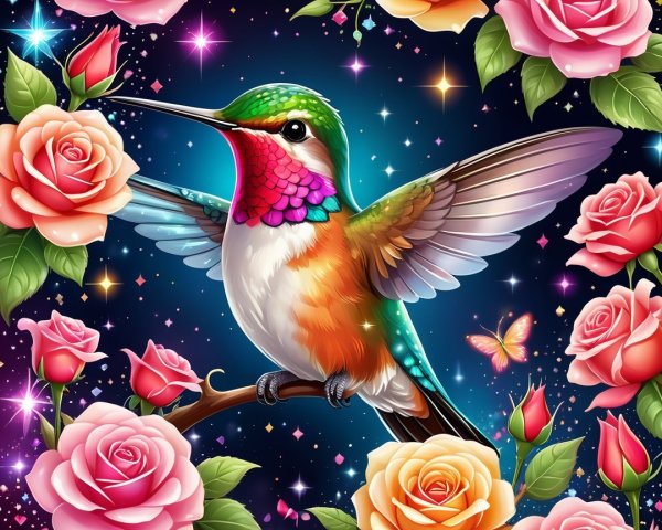 Hummingbird Among Pink Roses in Starry Background