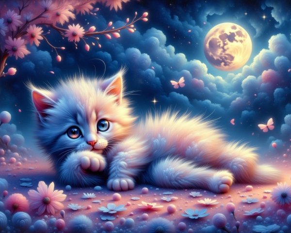 Fluffy White Kitten on Pink Flowers at Night Sky
