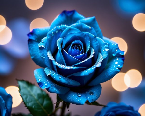 Blue Rose with Water Drops and Blurred Bokeh Background