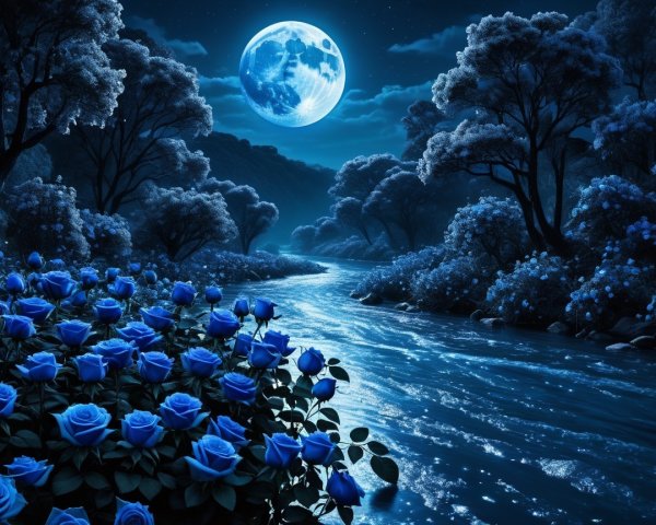 Moonlit River Scene with Lush Trees and Blue Roses