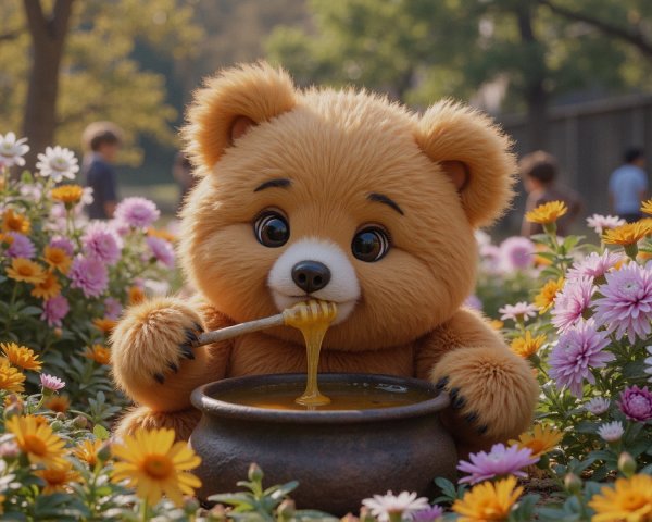 Fluffy bear character enjoying honey in a flower garden
