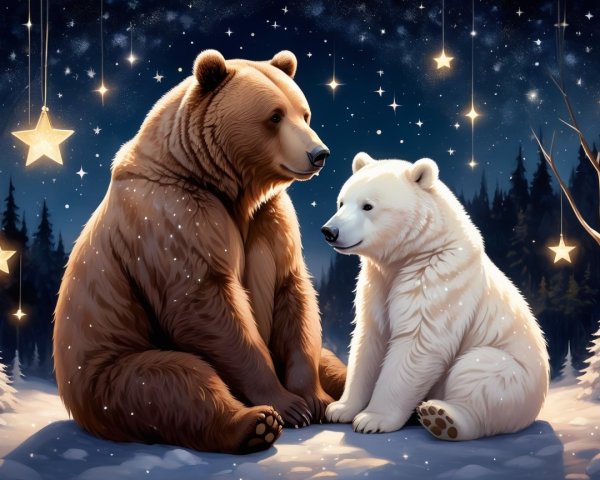 Winter Landscape with Brown and Polar Bear Cubs