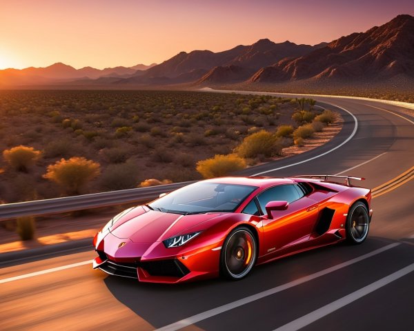 Red Lamborghini on Winding Road at Sunset