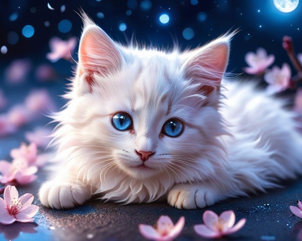 Fluffy White Kitten Among Pink Cherry Blossoms