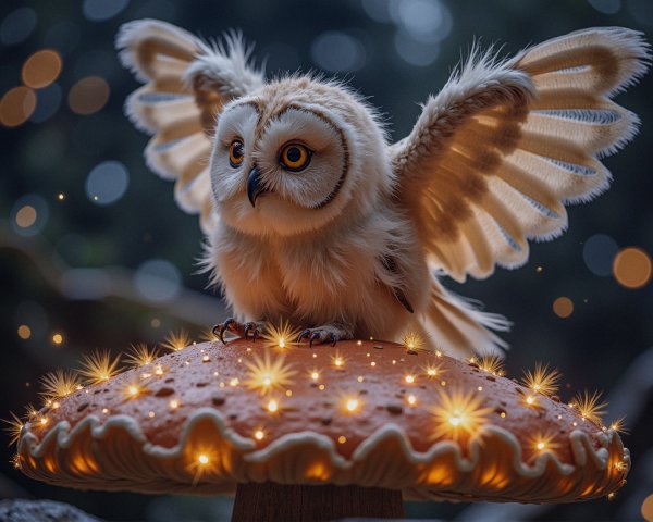 Fluffy Owl on Red Mushroom in Dreamy Forest Scene