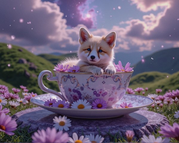 Fluffy Fox in Teacup Surrounded by Flowers and Sky