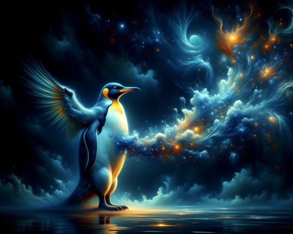 Penguin in Cosmic Scene with Galaxies and Stars
