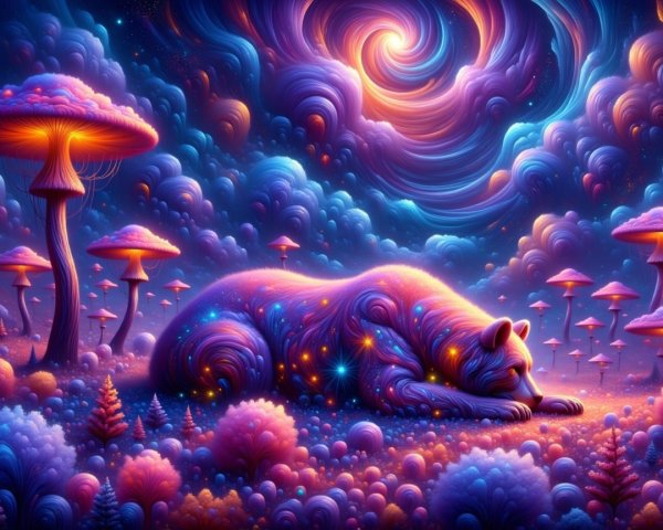 Vibrant Dreamy Landscape with Colorful Cat and Mushrooms