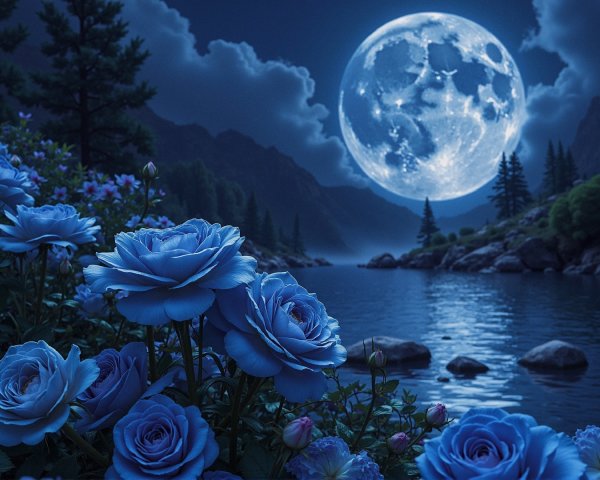 Tranquil Night Landscape with Moonlit Lake and Roses