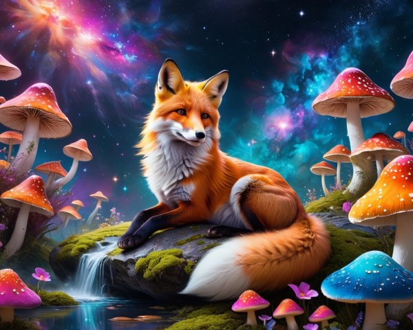 Majestic fox in a surreal cosmic landscape