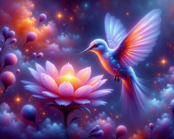 Vibrant Hummingbird and Luminous Flower in Dreamlike Scene