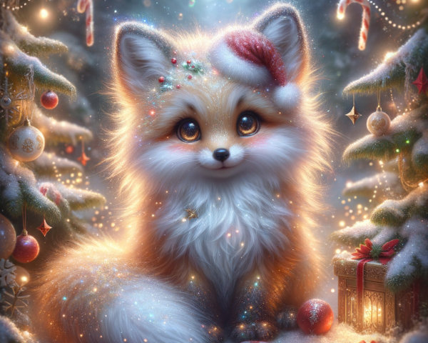 Fluffy Baby Fox in Santa Hat in Winter Wonderland