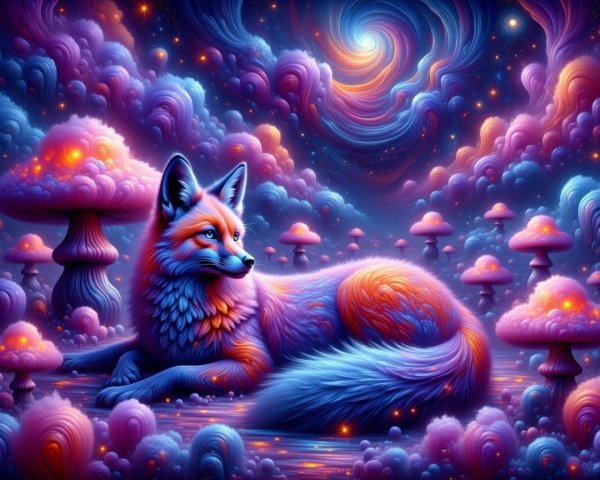 Colorful fox in a surreal mushroom landscape