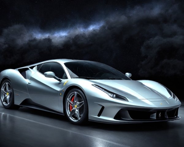 Sleek Silver Sports Car Against Cosmic Background