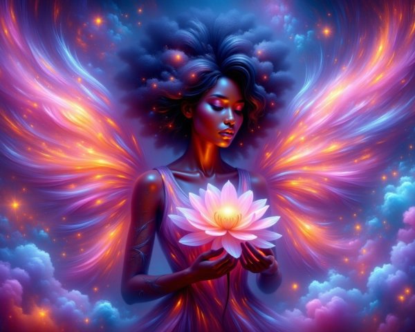 Mystical figure with vibrant wings and glowing lotus