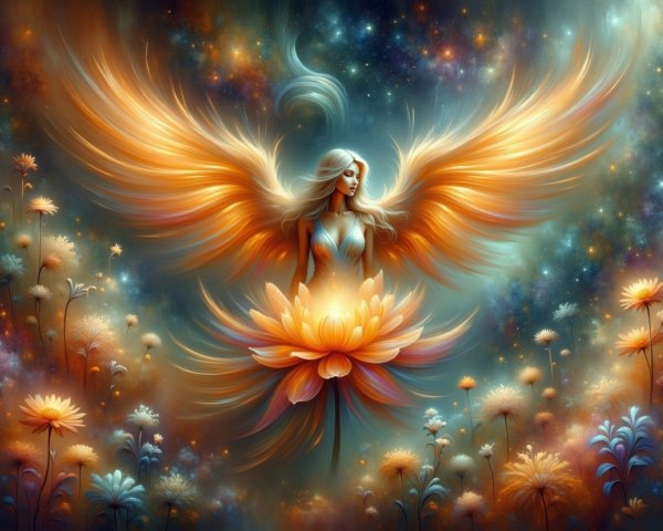 Radiant figure with fiery wings in vibrant landscape