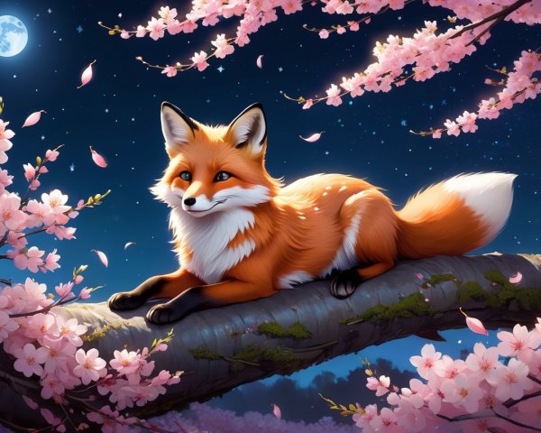 Fox on Branch Amid Cherry Blossoms and Night Sky
