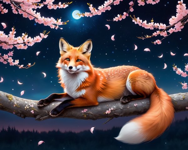Fox on Tree Branch Amid Cherry Blossoms at Night