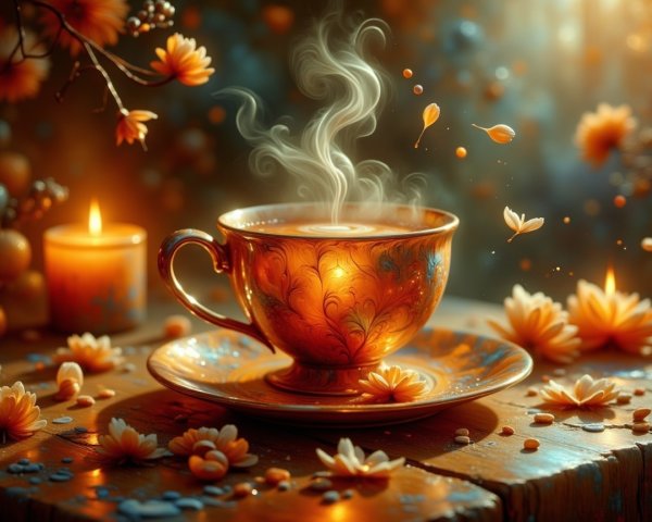 Decorative Teacup with Flowers and Candles