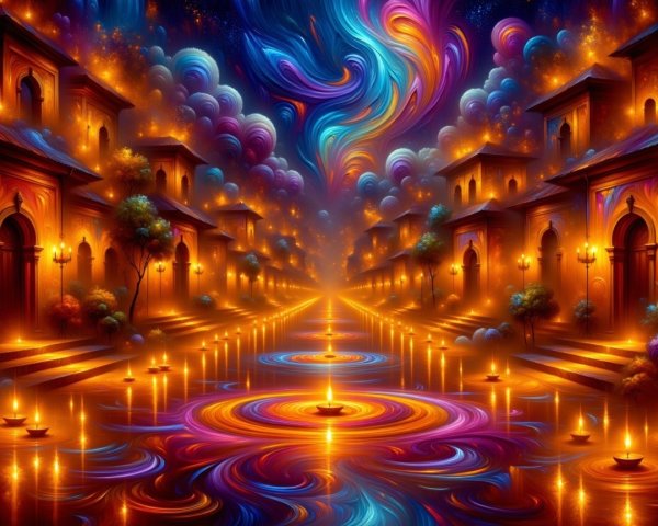 Vibrant Dreamlike Scene with Colorful Clouds and Water