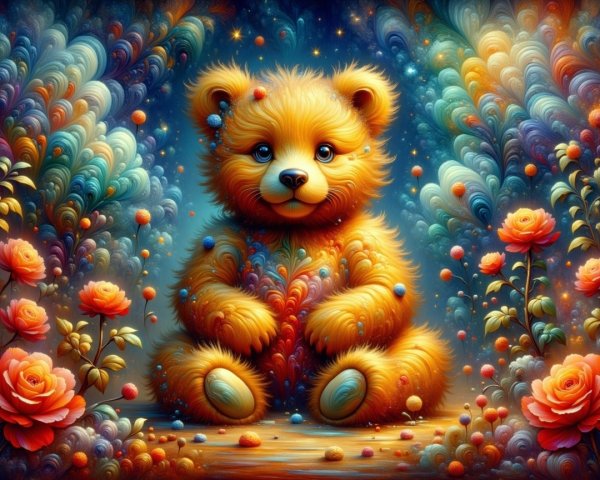 Whimsical Teddy Bear Among Colorful Patterns and Roses