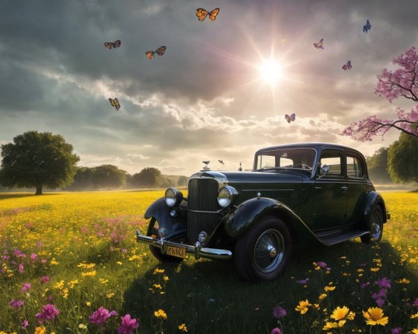 Vintage Car in a Wildflower Field Under Dramatic Clouds