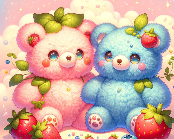Pastel Teddy Bears Surrounded by Fruits and Leaves