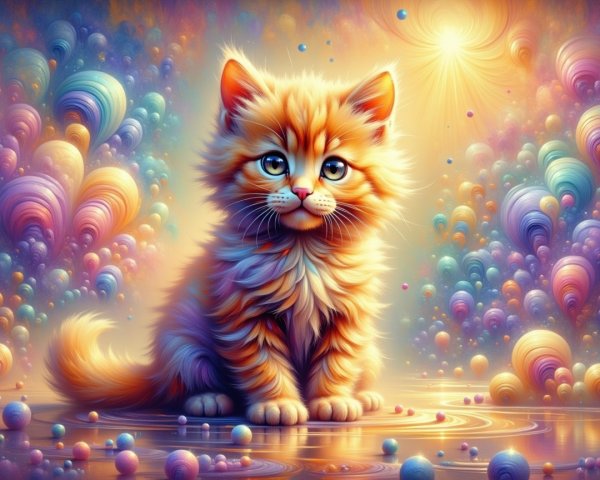 Fluffy Orange Kitten in Colorful Whimsical Setting