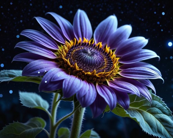 Sunflower with Purple Petals Against Starry Night