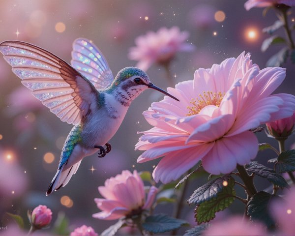 Iridescent Hummingbird Near Pink Flower in Nature